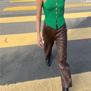 Lisa Says Gah | Luisa Brown Faux Leather Pants High Rise Straight Leg M/L